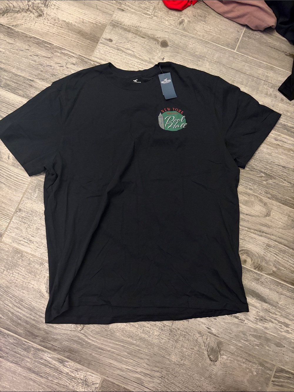 Hollister Black Tee with Green & Red 'Pool Hall' Chest Graphic